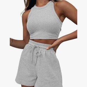 Women's High-Waist Ribbed Drawstring Shorts - Light Gray